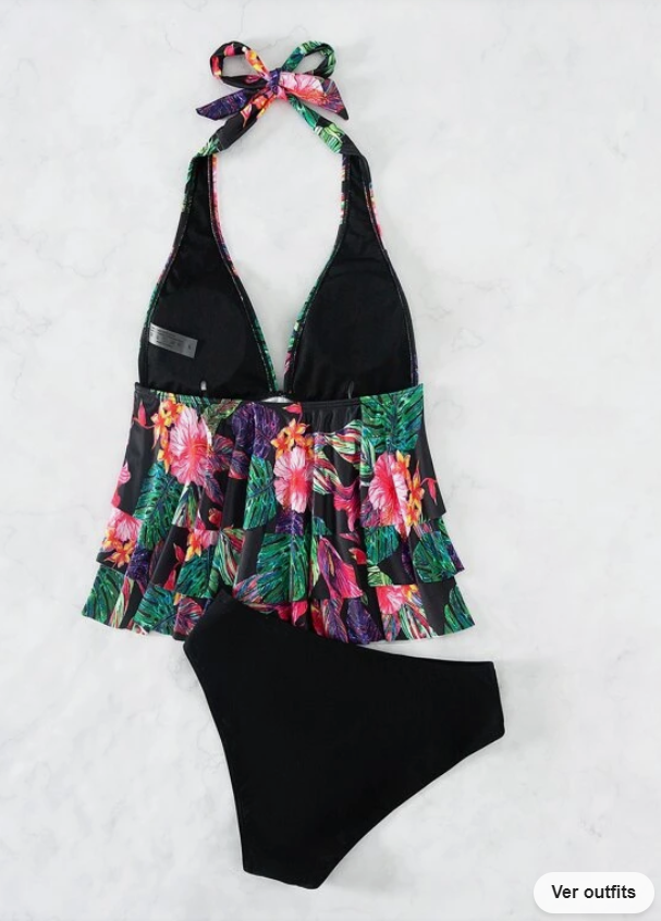 Bikini Halter con Estampado Tropical y Volantes ✨- Talla S-3