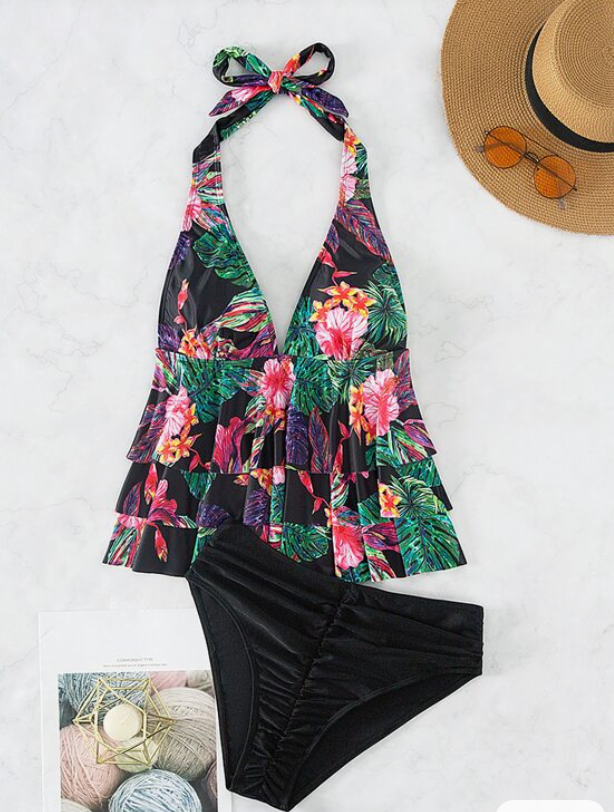 Bikini Halter con Estampado Tropical y Volantes ✨- Talla S-5