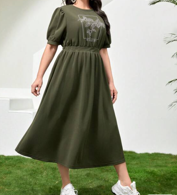 Vestido Midi Casual con Estampado Floral - Verde Militar-3
