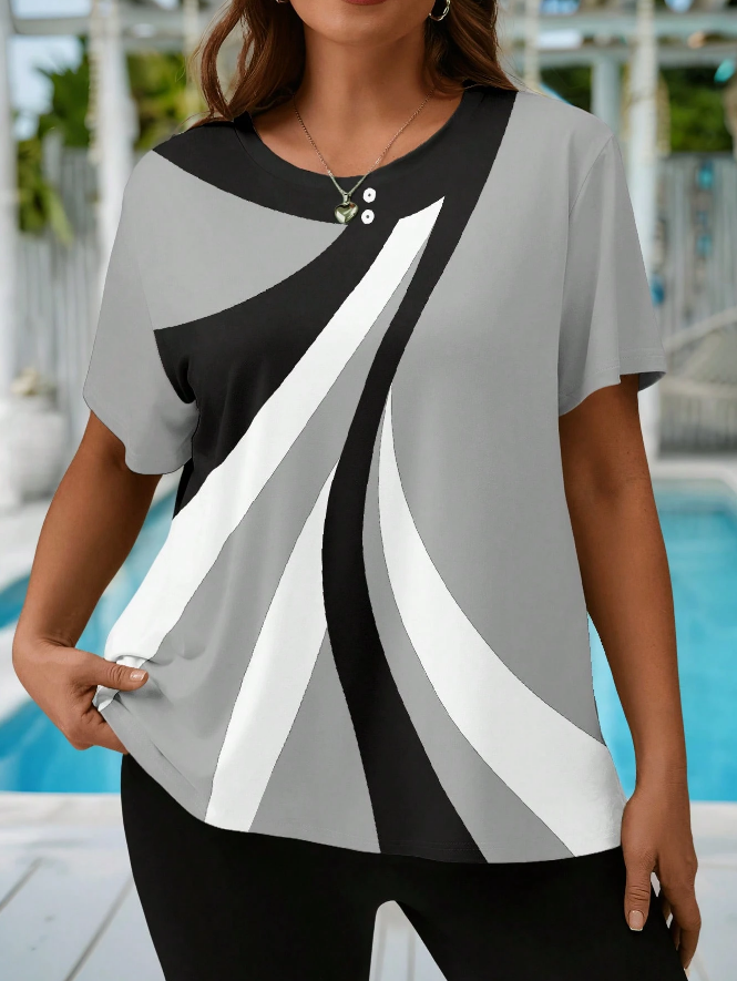 Camiseta Holgada de Cuello Redondo con Estampado Geométrico  - Talla XL-3