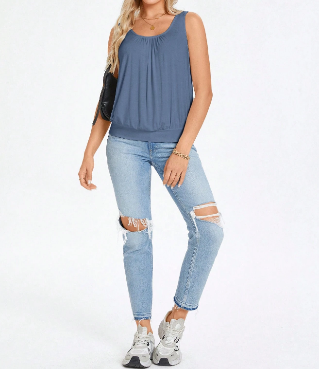 💙 Top Holgado de Verano con Cuello Redondo y Frunces  - Talla L-4