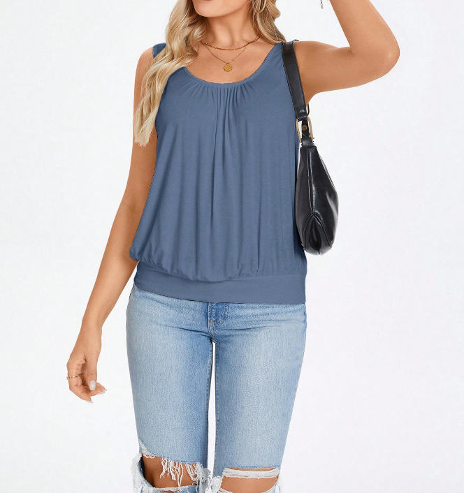 💙 Top Holgado de Verano con Cuello Redondo y Frunces  - Talla L-6