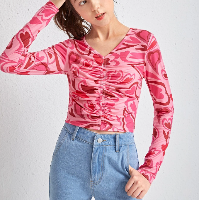 Top de Manga Larga con Estampado de Corazones-1