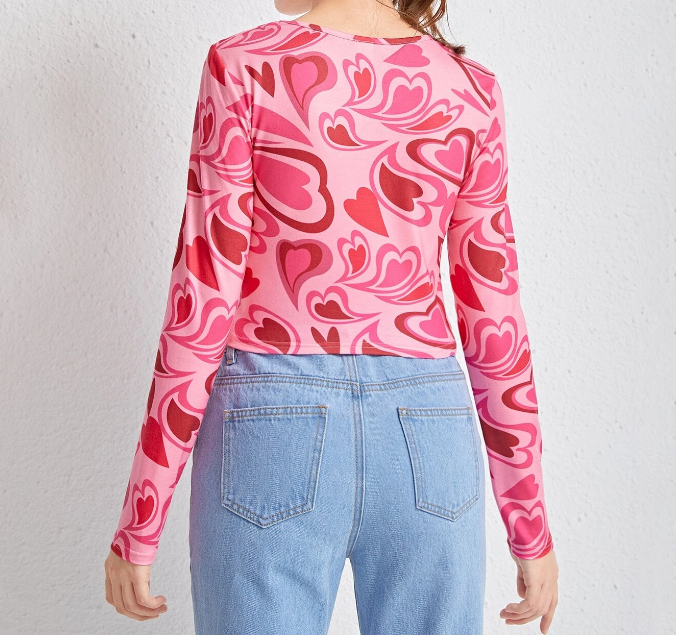 Top de Manga Larga con Estampado de Corazones-2