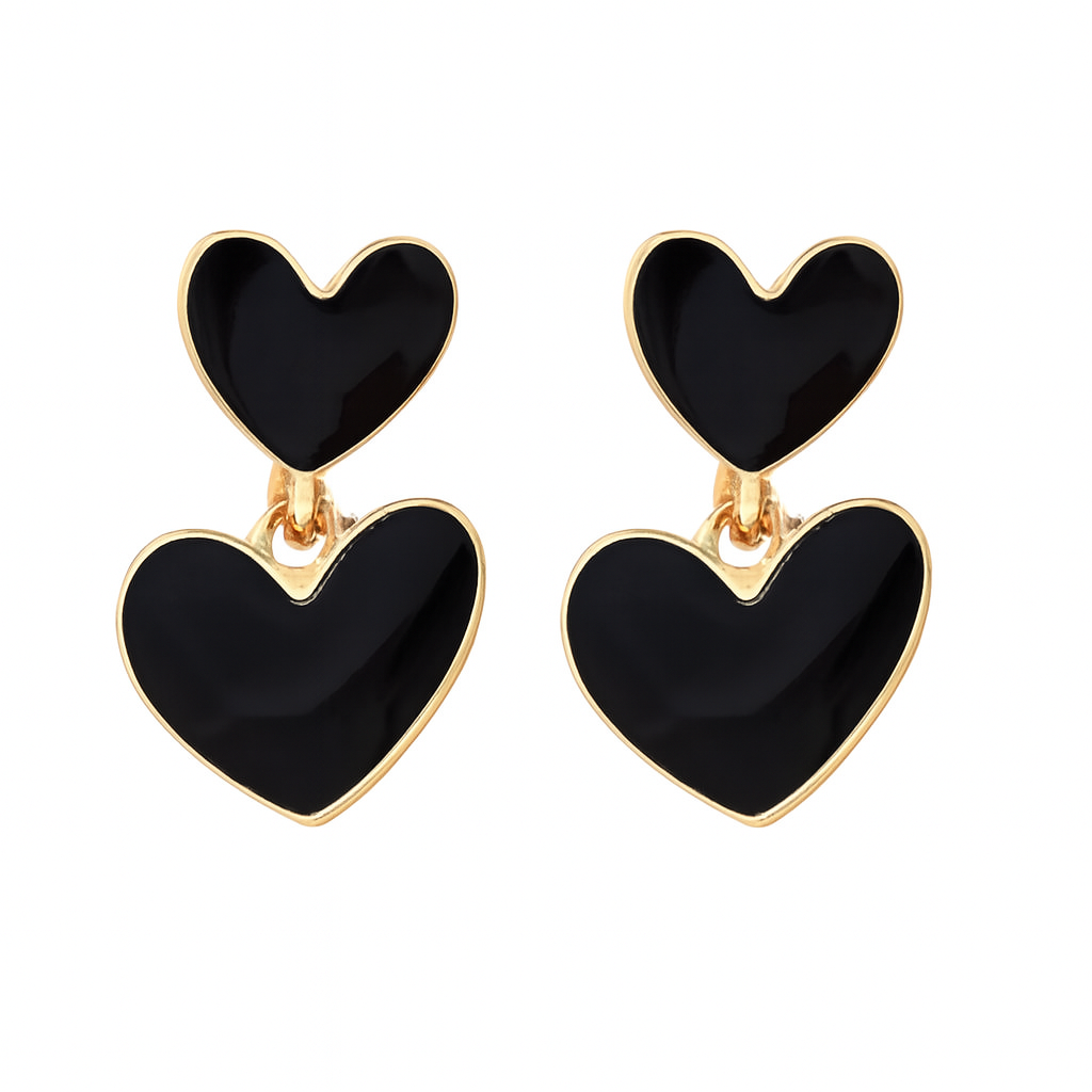  Pendientes Doble Corazón – Negro & Dorado-0