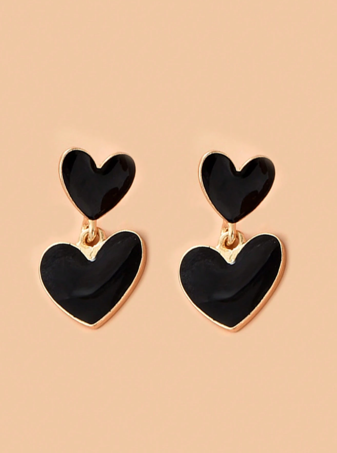  Pendientes Doble Corazón – Negro & Dorado-1