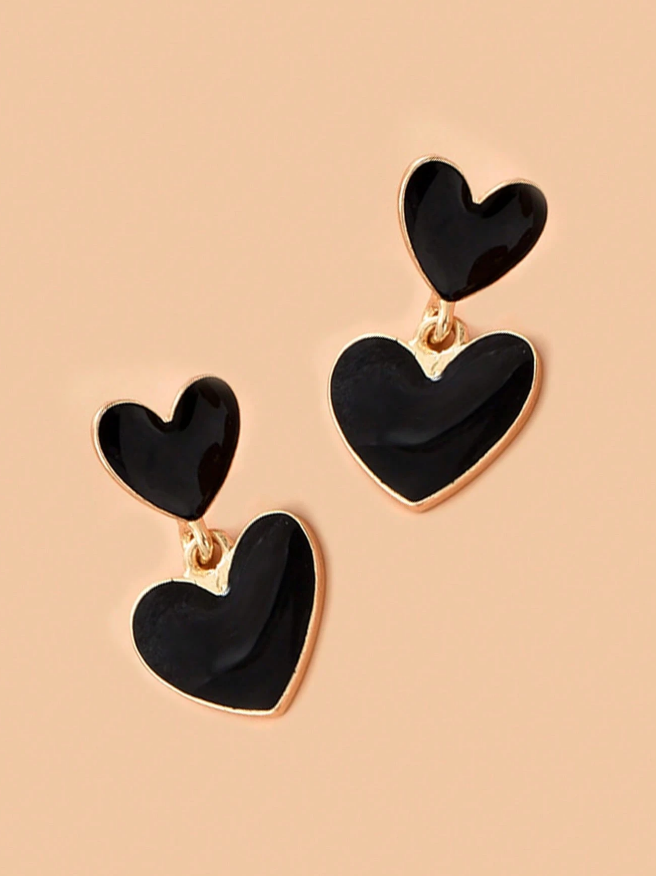 Pendientes Doble Corazón – Negro & Dorado-2