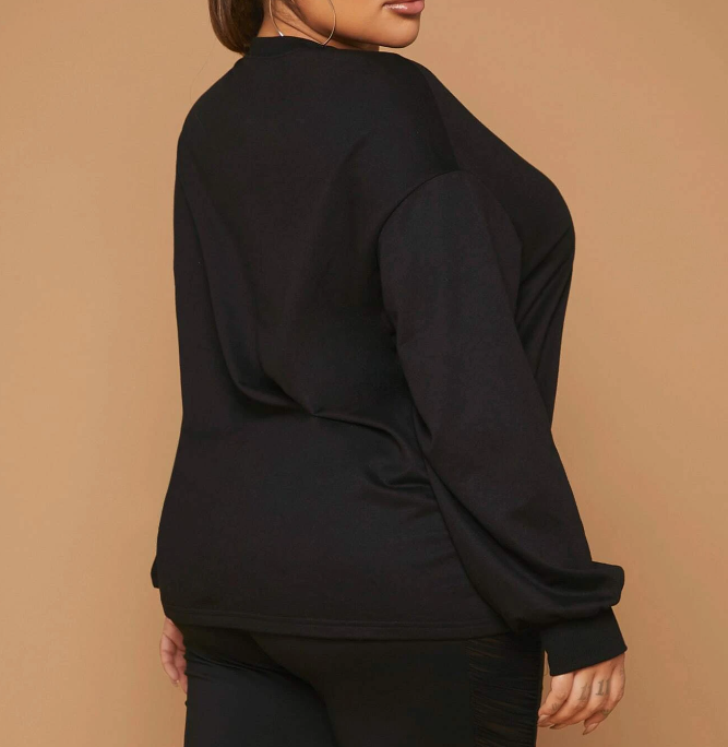 Sudadera Negra Casual con Estampado de Dibujos Animados y Letras-2