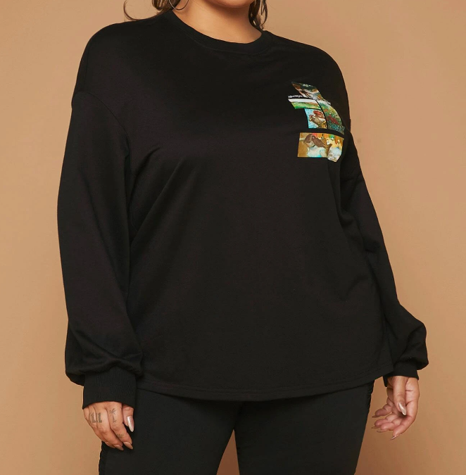 Sudadera Negra Casual con Estampado de Dibujos Animados y Letras-4