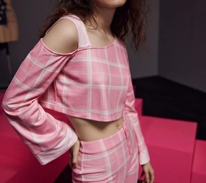 Camiseta Casual a Cuadros - Rosa y Blanco-4