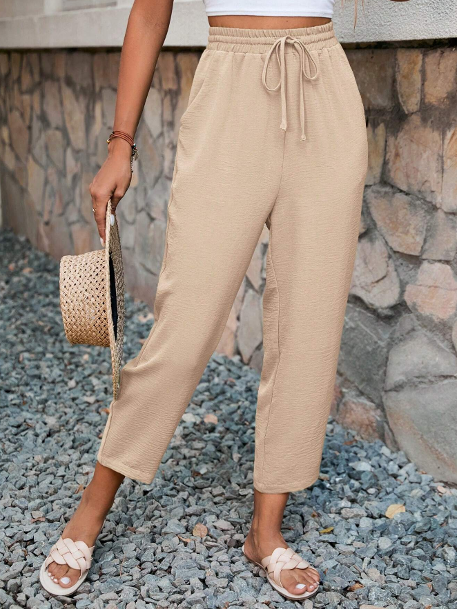  Pantalones Cónicos con Cintura con Cordón y Textura Unicolor - Talla L-4