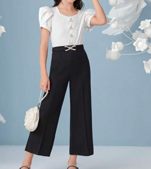 Pantalón de Pierna Ancha con Detalles Brillantes - Negro-2