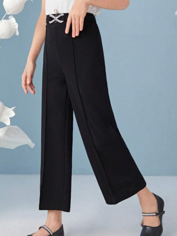 Pantalón de Pierna Ancha con Detalles Brillantes - Negro-4
