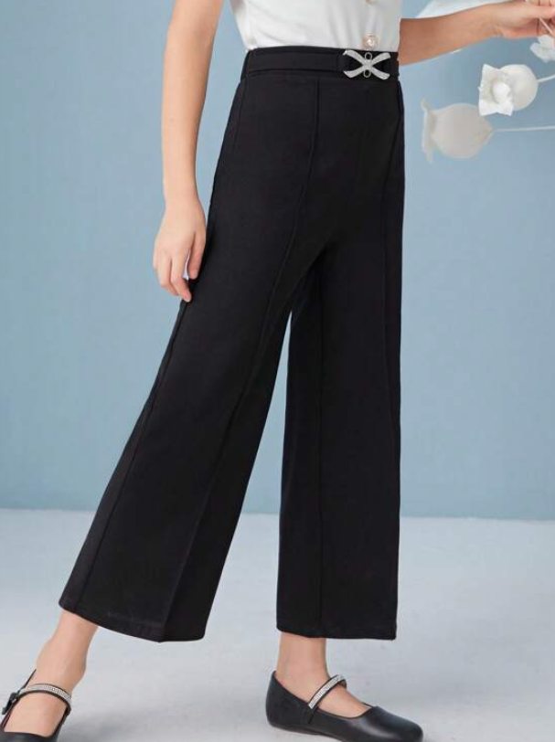 Pantalón de Pierna Ancha con Detalles Brillantes - Negro-5