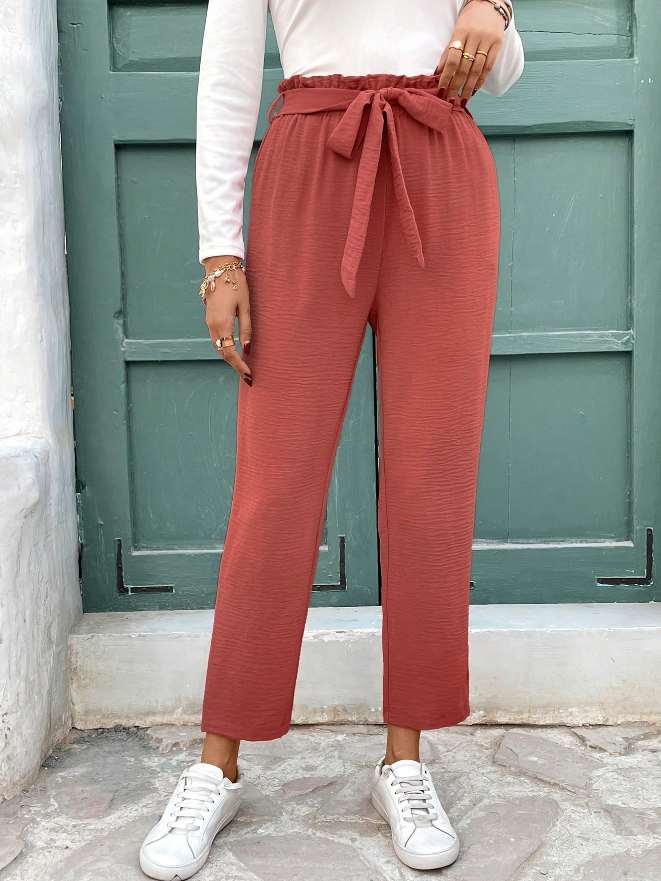 Pantalones de Cintura con Volante y Cinturón - Talla M-4