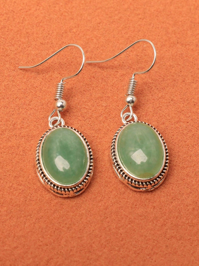 💚 Pendientes Vintage – Óvalo Verde & Marco Plateado-2