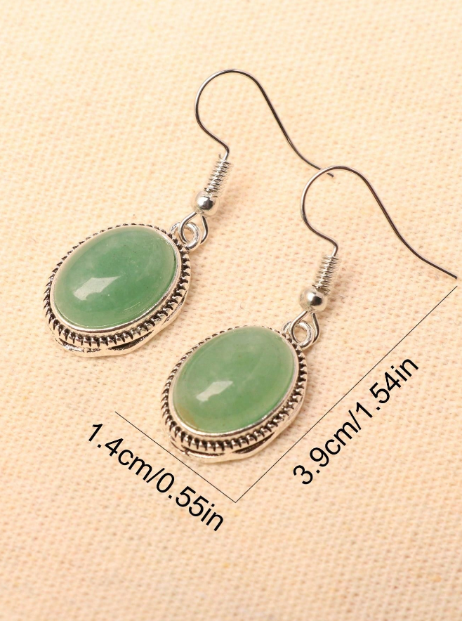 💚 Pendientes Vintage – Óvalo Verde & Marco Plateado-3