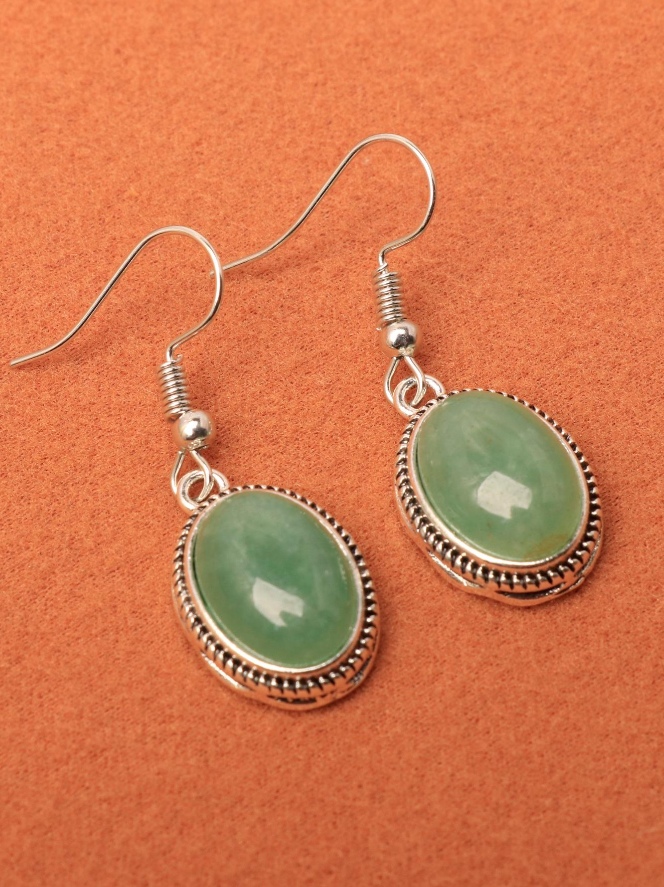 💚 Pendientes Vintage – Óvalo Verde & Marco Plateado-4