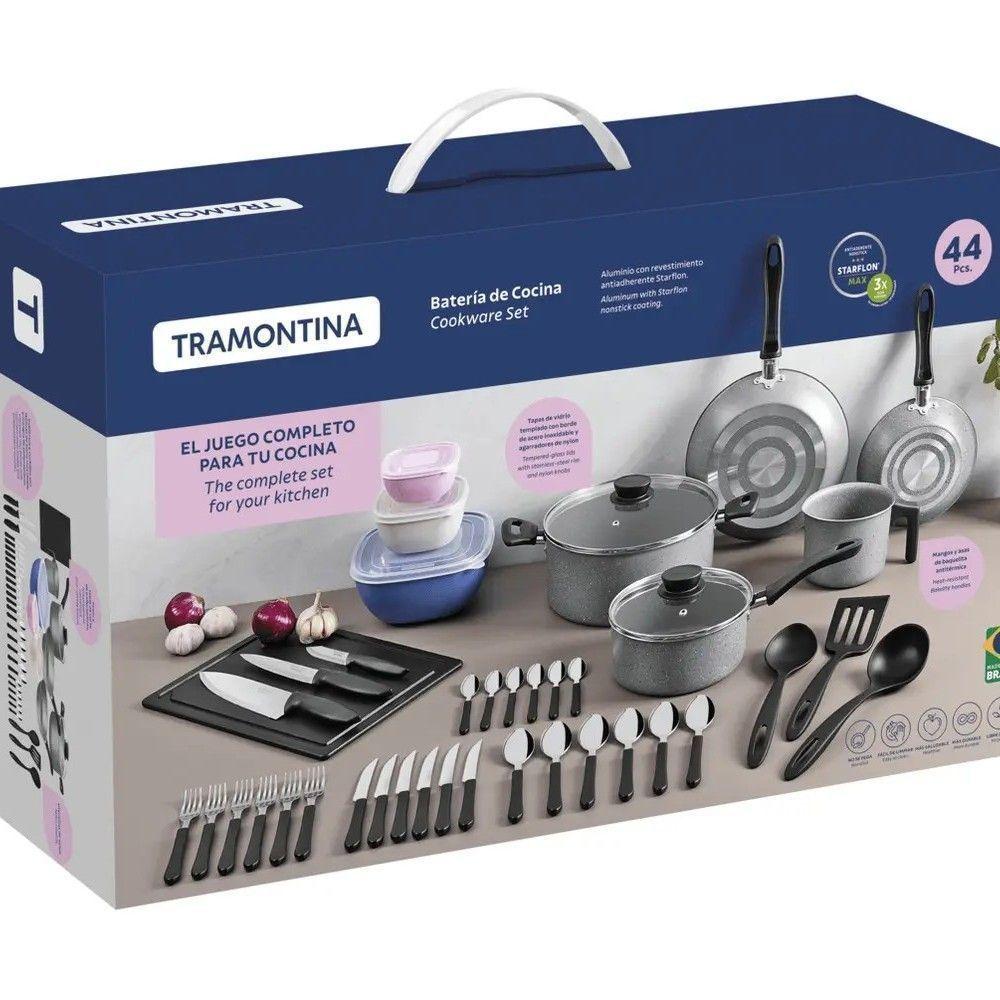 Batería De Cocina Gris Antiadherente y Kit 44 Piezas Tramontina-2