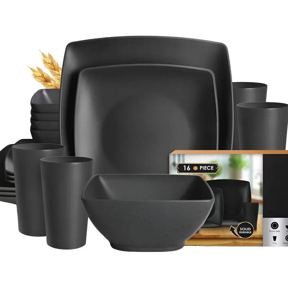 Kit 16 Cuadrada Vajilla Juego Cocina Paja Trigo Plato Tazas-0