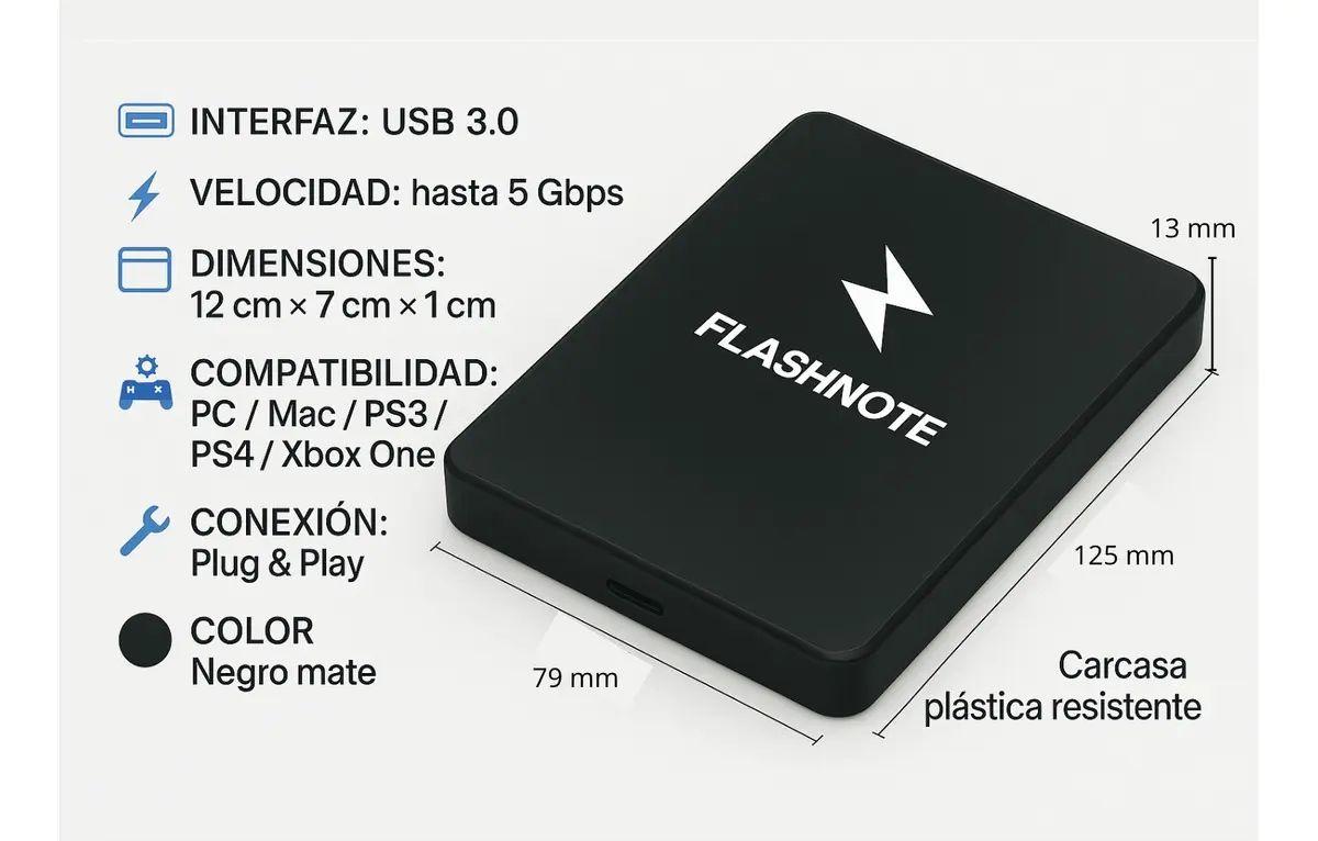 Disco Duro Externo FLASHNOTE 1TB USB 3.0 Compatible PC PS4 Xbox Negro-3