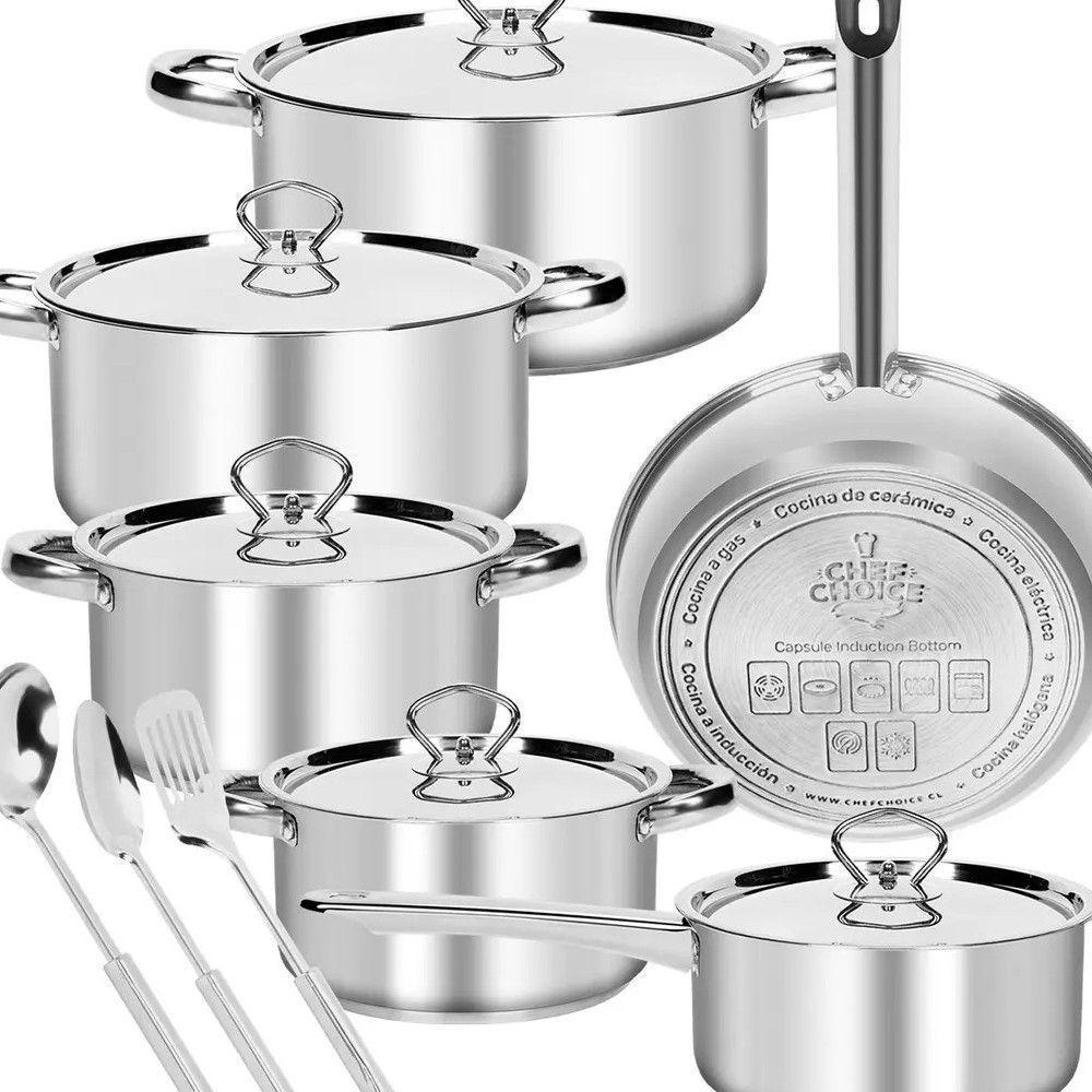 Batería De Cocina 15 Piezas Doble Fondo Acero Inoxidable Color Plateado Chef...-0