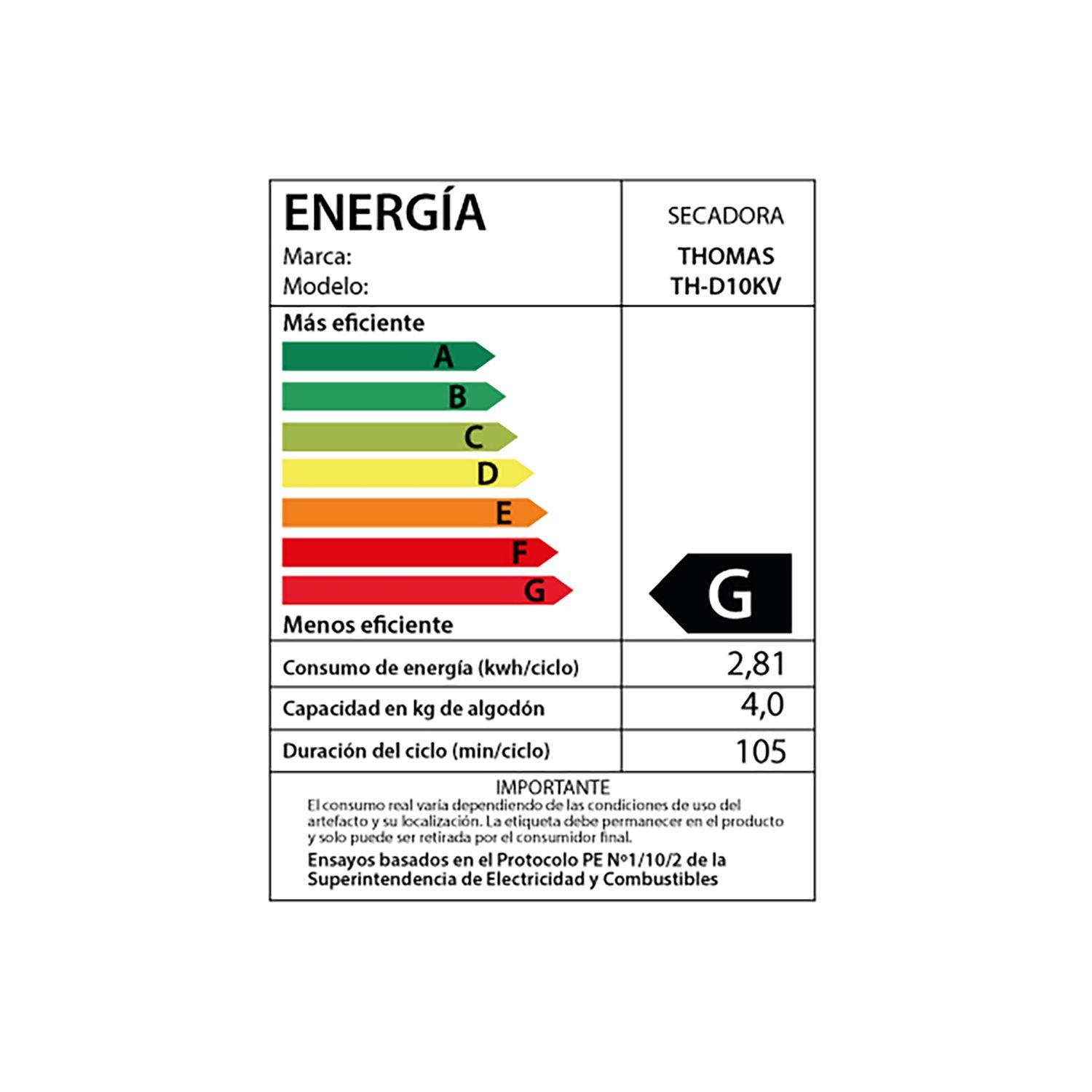 Secadora Eléctrica 10 KG Evacuación Directa TH-D10KV-7