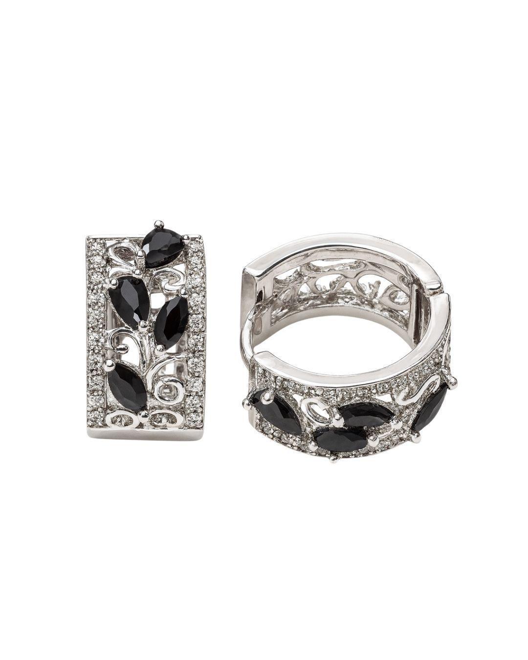 Aros Argollas Pétalos Negros Enchapado en Rodio 18mm-0