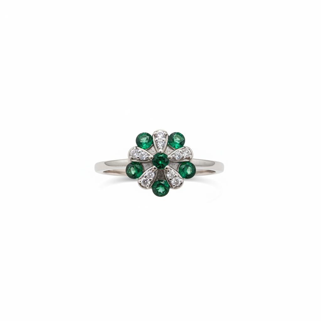 Anillo Flor Esmeraldas y Circones Plata 925-0