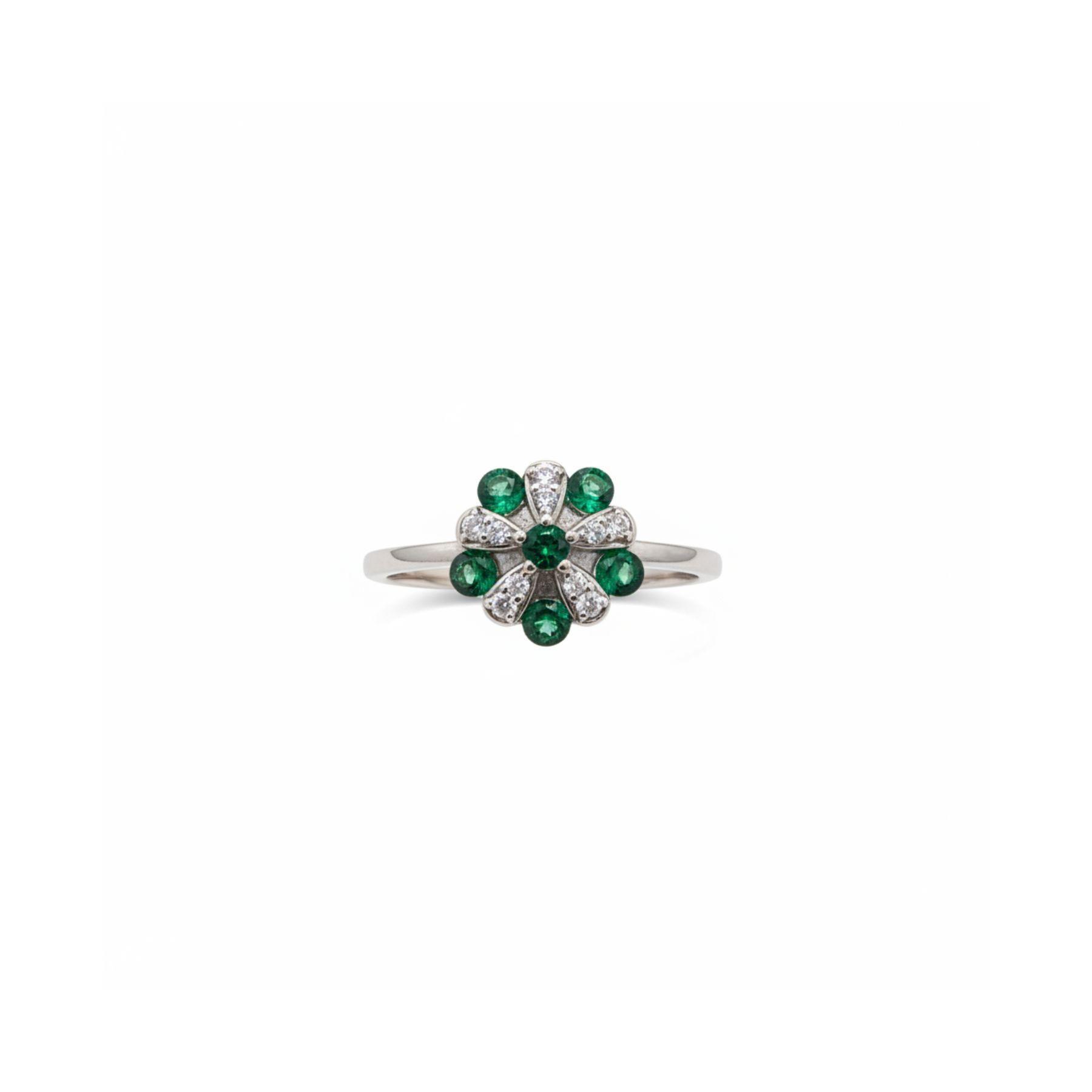 Anillo Flor Esmeraldas y Circones Plata 925-1