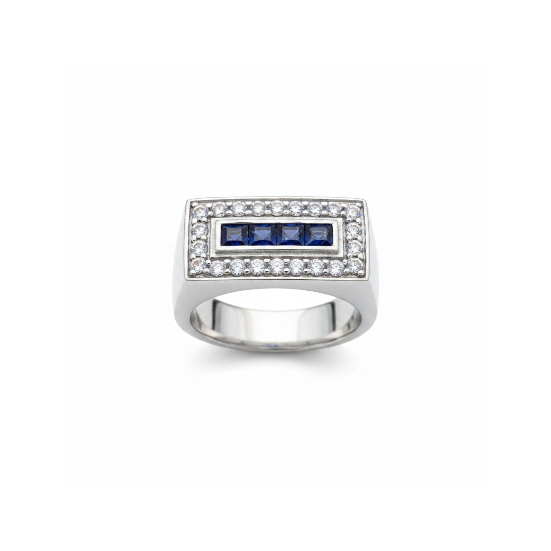 Anillo Sello Zafiros Azules y Circones Plata 925-1