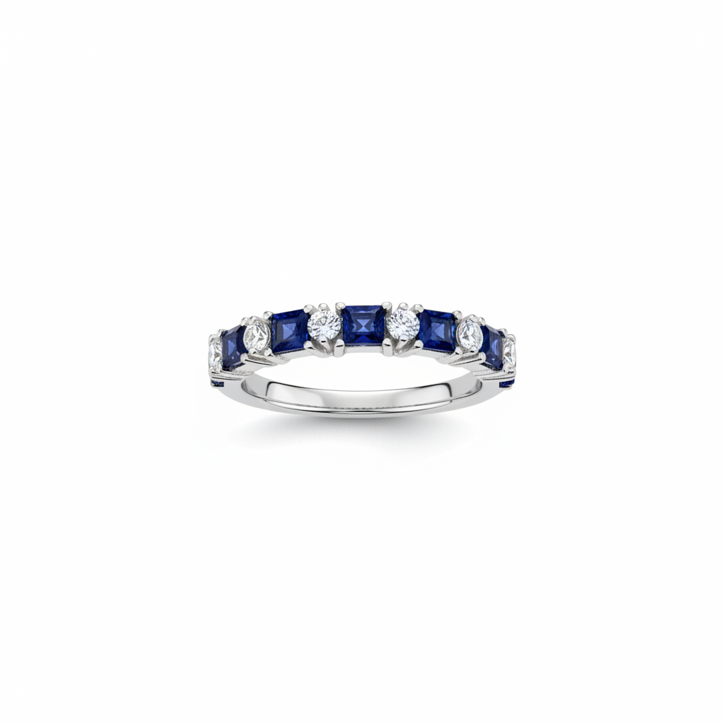 Anillo Media Eternidad Zafiros Azules y Circones Plata 925-0