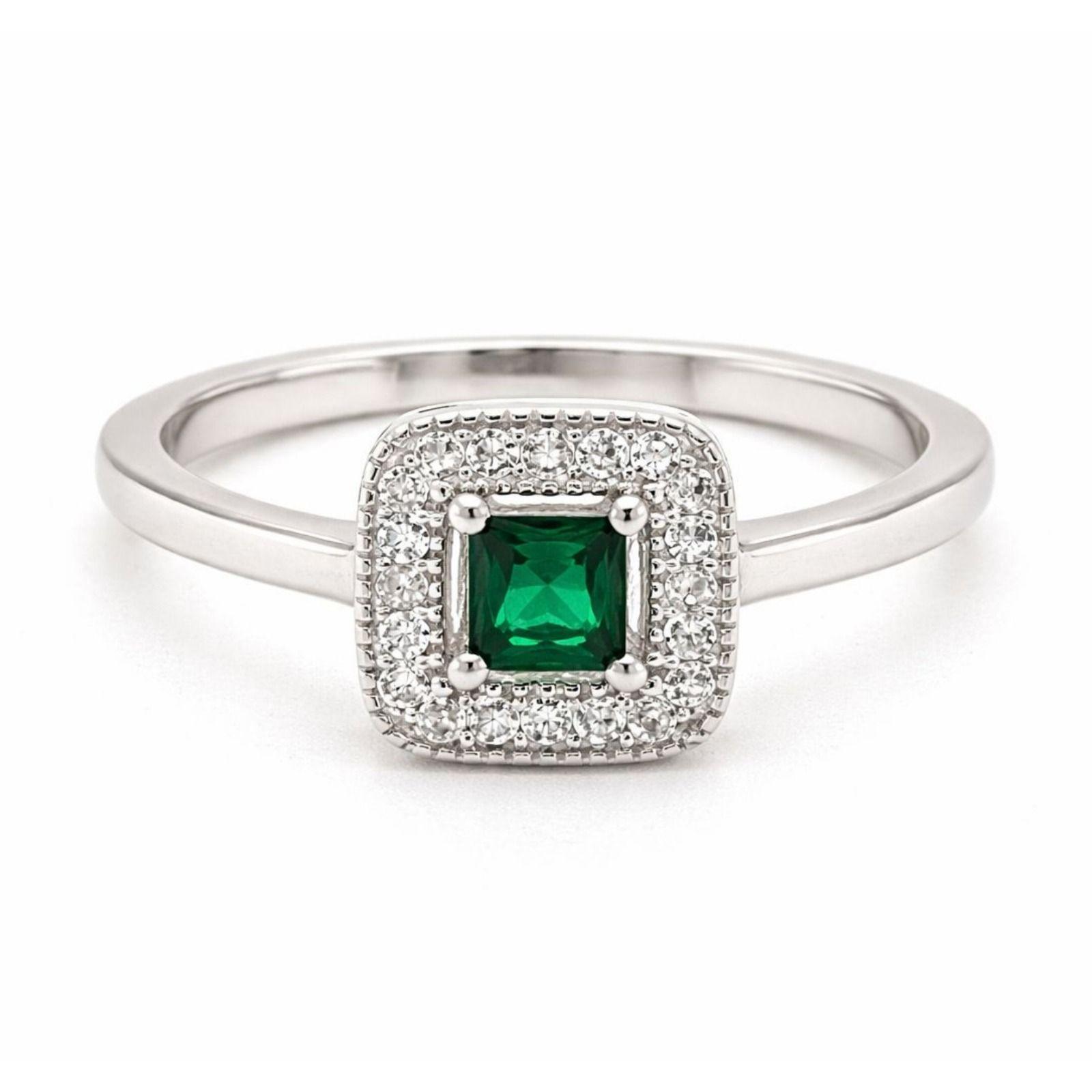 Anillo Halo Esmeralda Plata 925-0