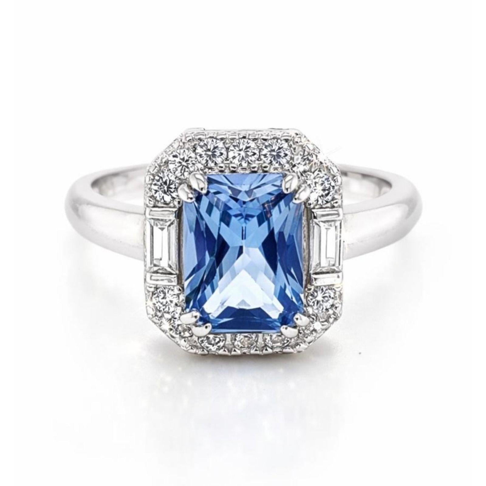 Anillo Halo Agua Marina Rectangular Plata 925-0