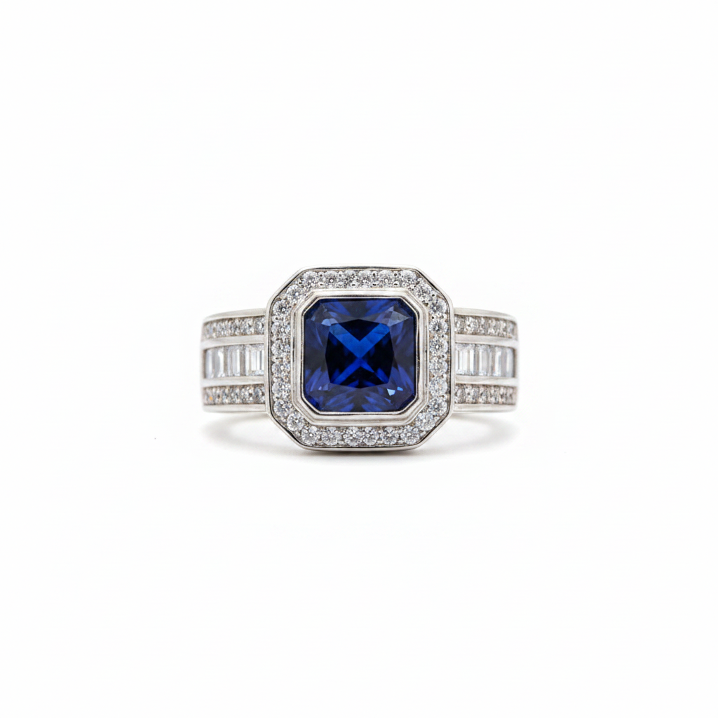 Anillo Zafiro Azul con Halo de Circones Plata 925-0