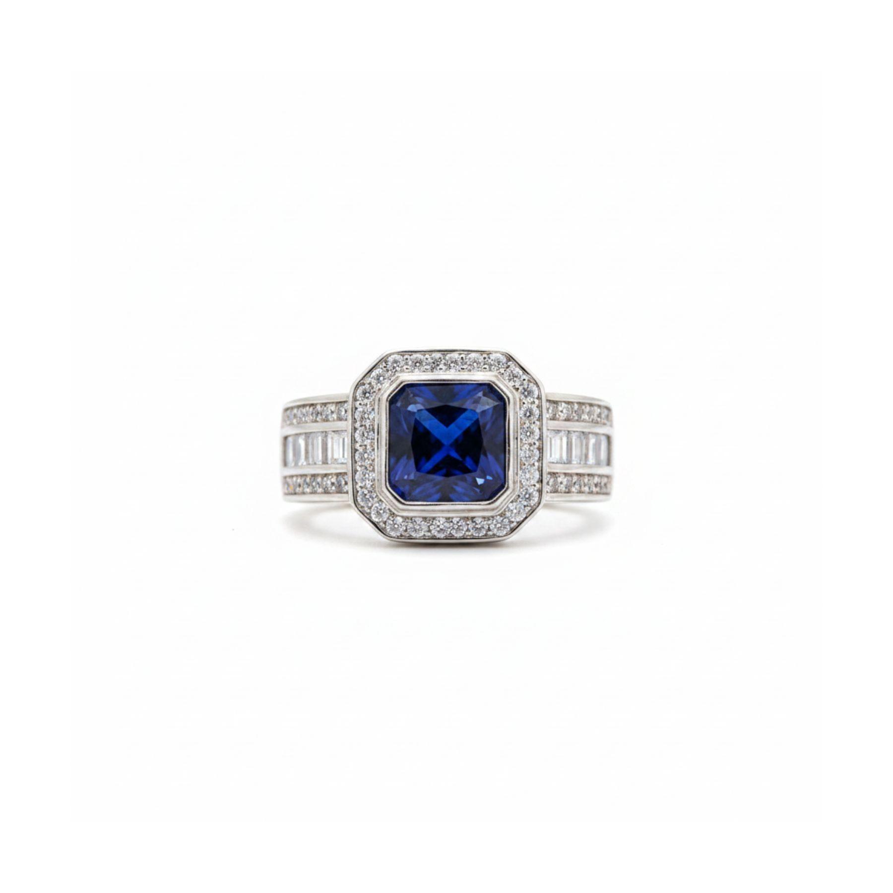 Anillo Zafiro Azul con Halo de Circones Plata 925-1