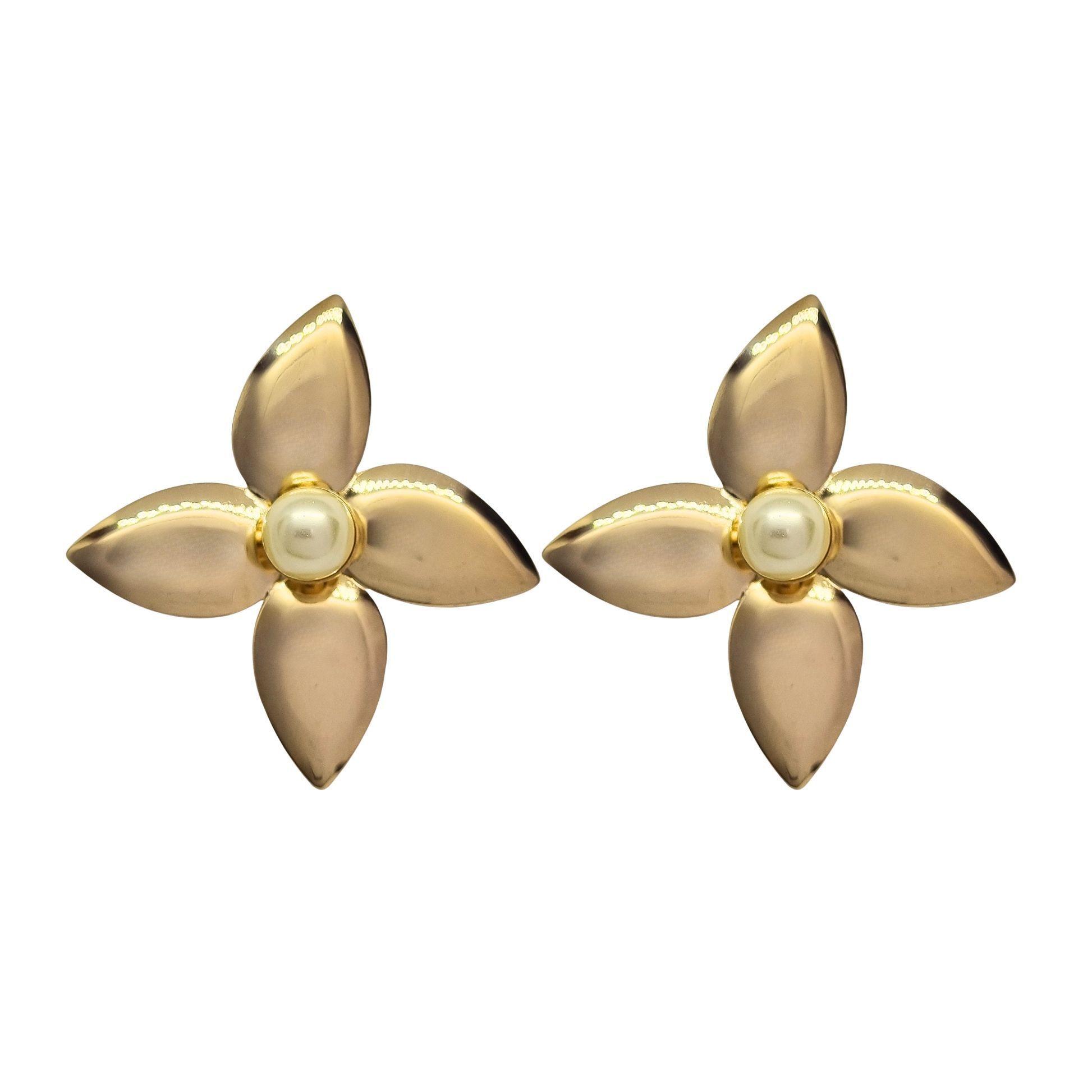 Aros Flor Grande con Perla Enchapado en oro de 18k de 43mm-0