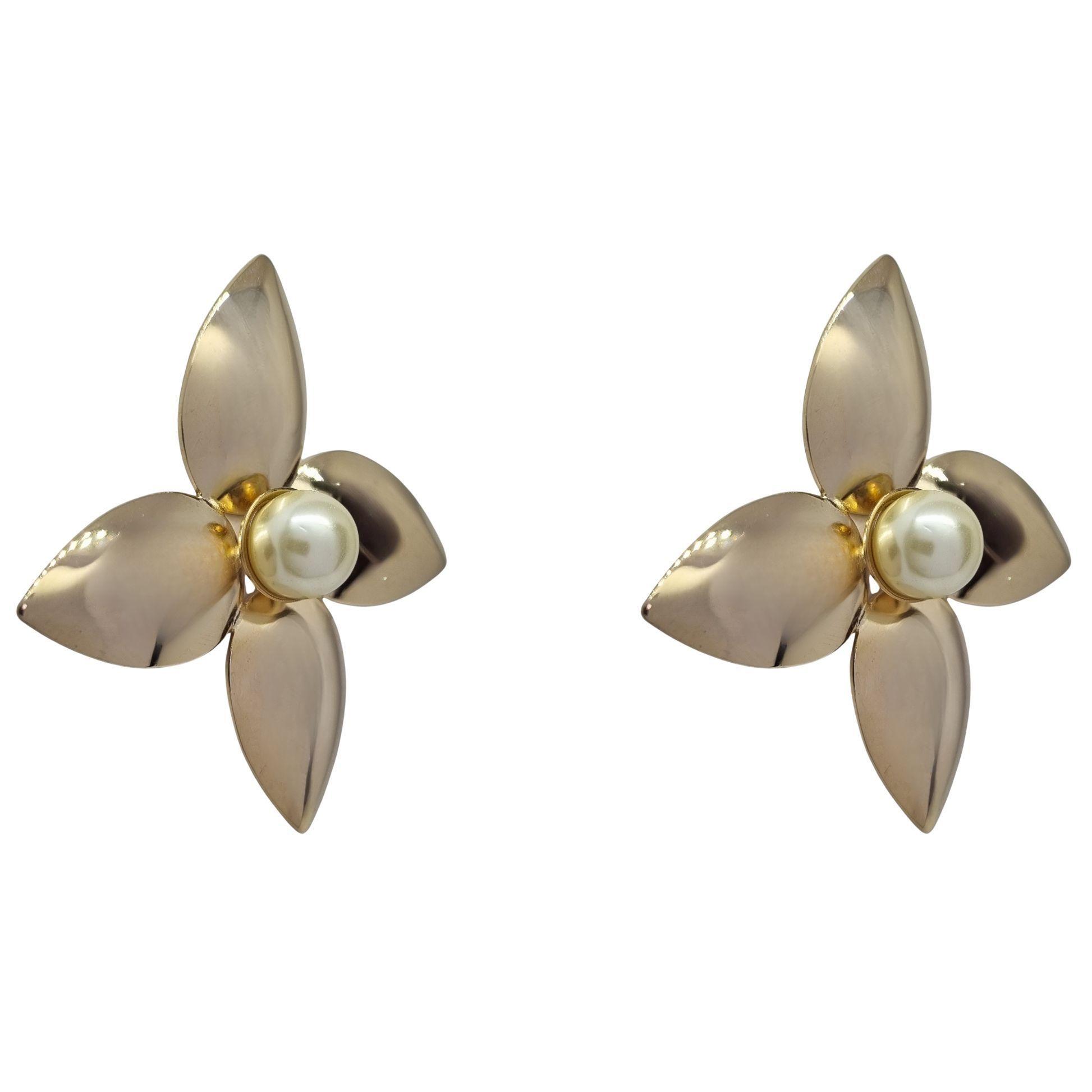 Aros Flor Grande con Perla Enchapado en oro de 18k de 43mm-1