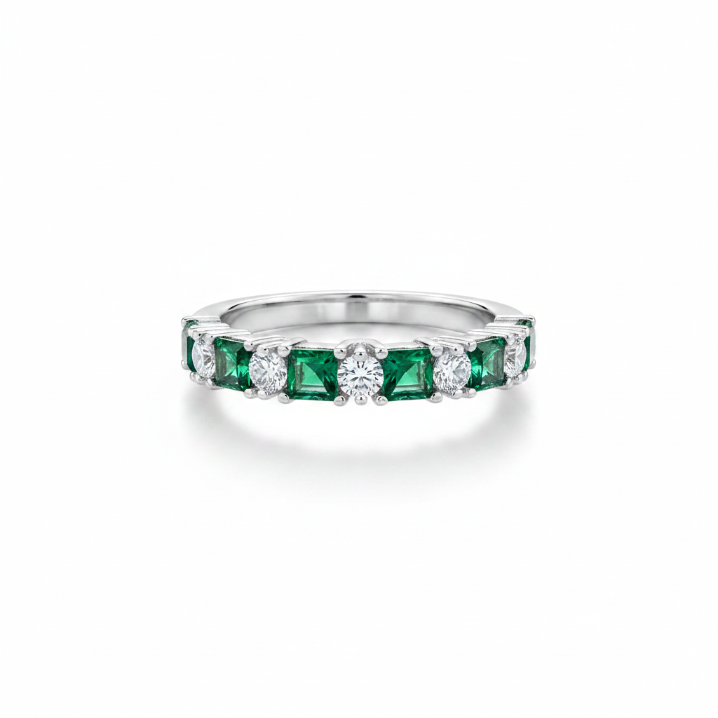 Anillo Medio Cintillo Esmeraldas y Circones Plata 925-0
