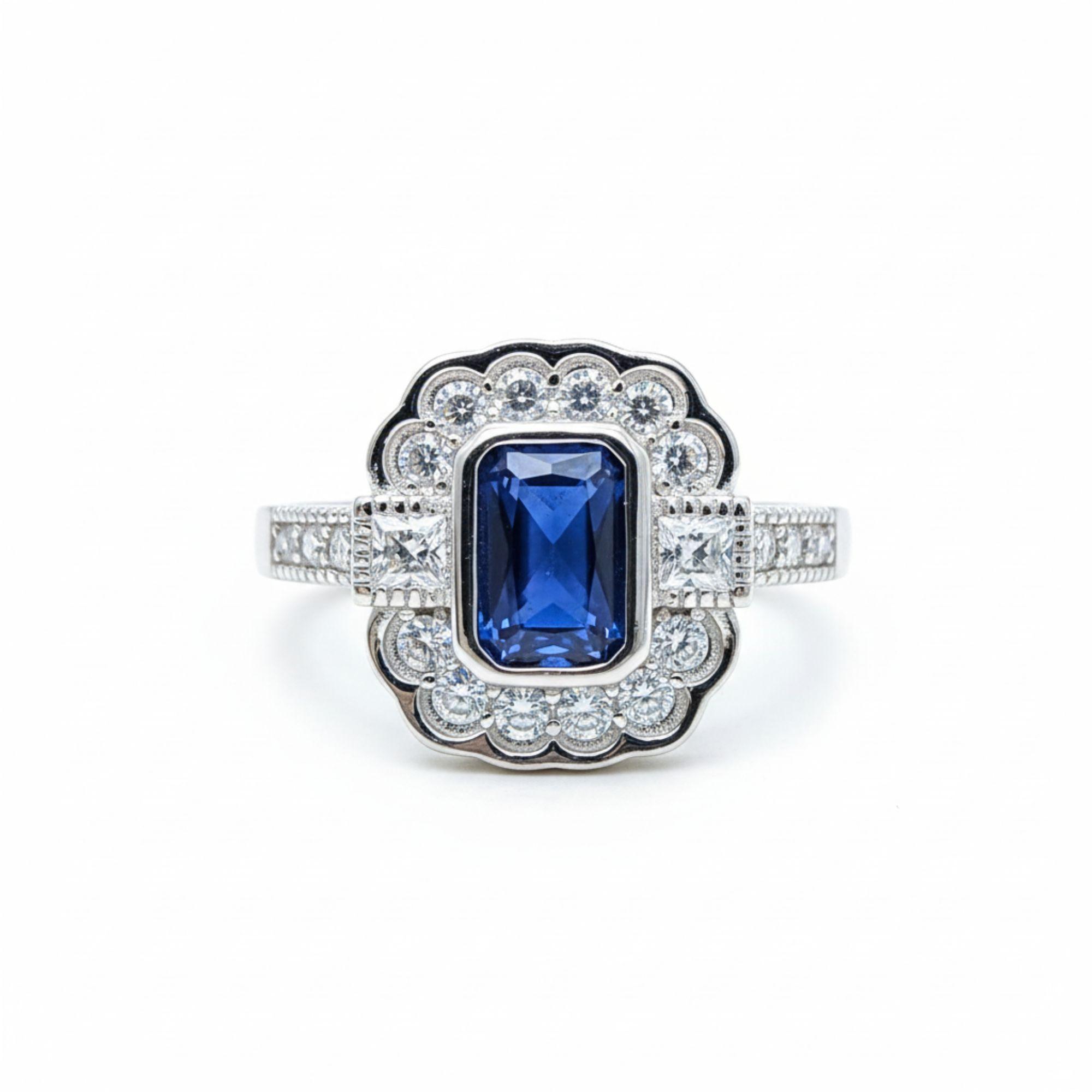 Anillo Vintage Halo Zafiro Circones Plata 925-1