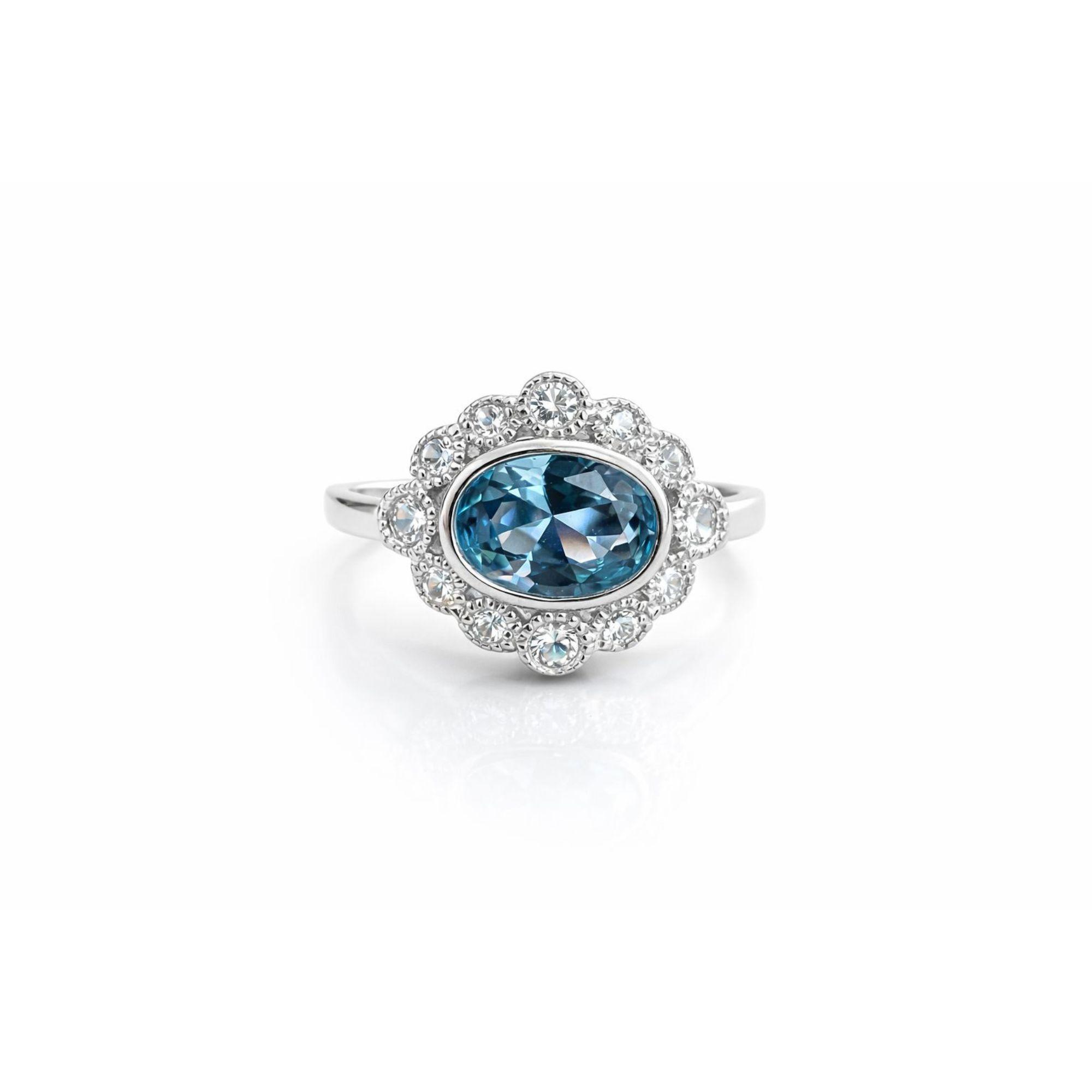 Anillo Agua Marina Borde Circones Ovalado Plata 925-0
