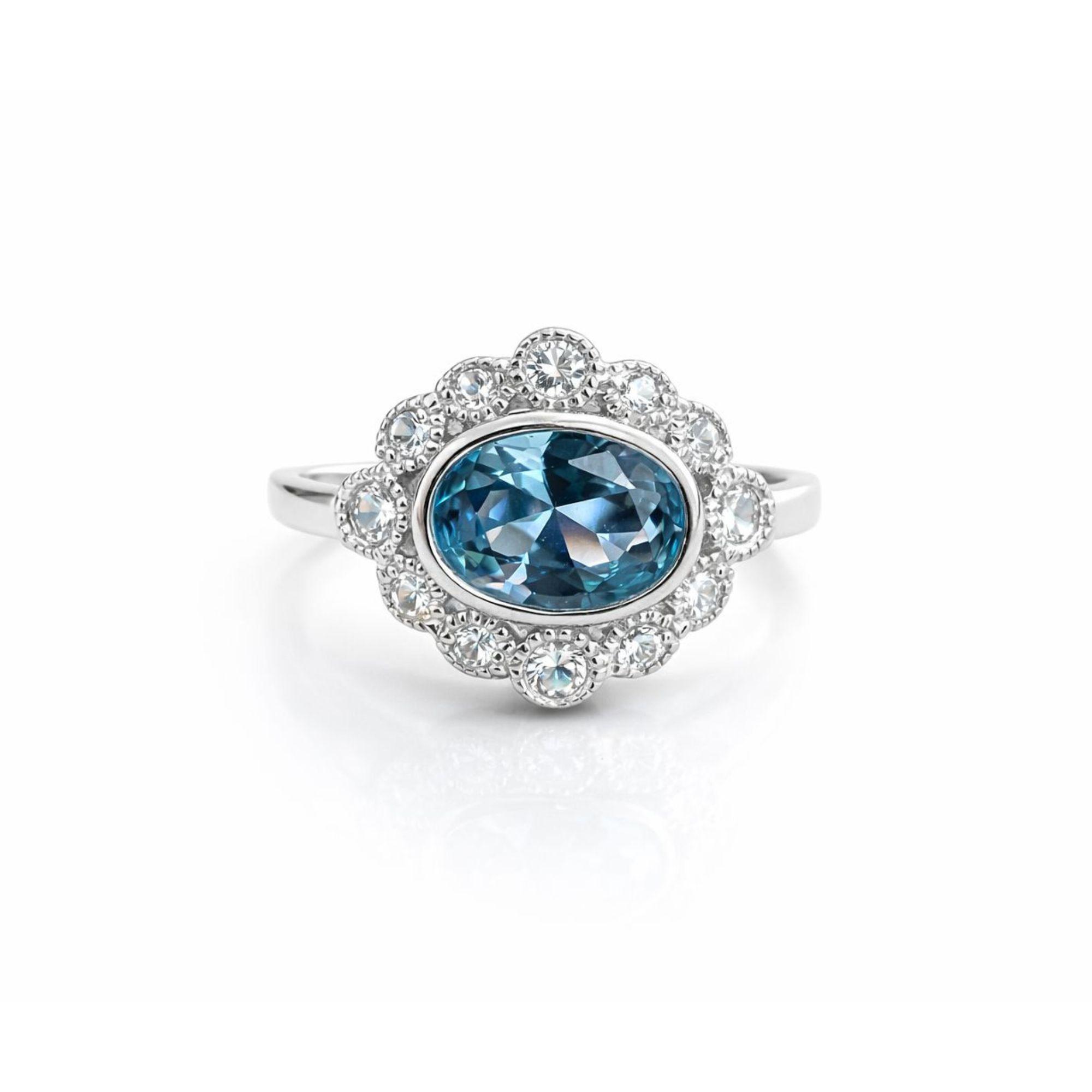Anillo Agua Marina Borde Circones Ovalado Plata 925-1
