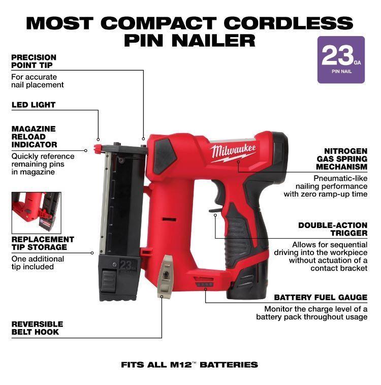 Clavadora calibre 23" hasta 750 clavos por carga M12 Milwaukee 2540-20-3