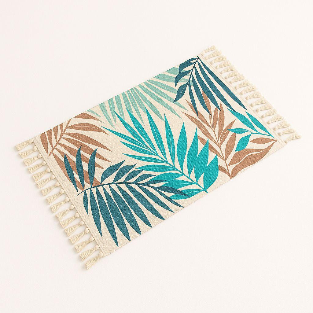 Bajada De Cama 60x90cm De Lino Tropical Con Hojas Verdes 732-0