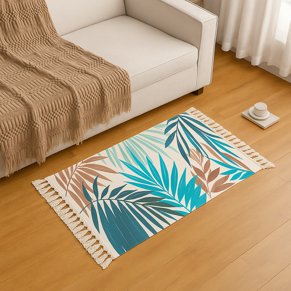 Bajada De Cama 60x90cm De Lino Tropical Con Hojas Verdes 732-2
