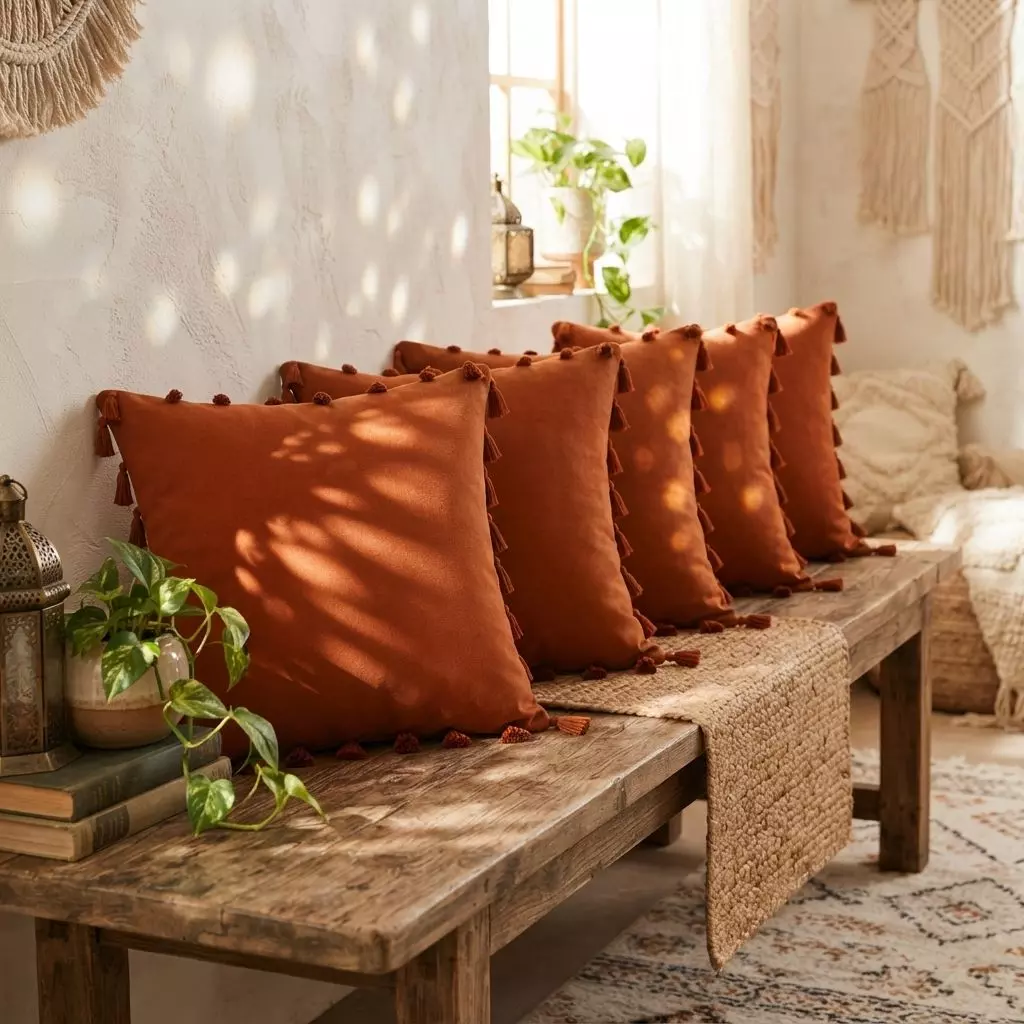 Pack 4 Fundas De Cojín Decorativas Marrón 45x45 cm Con Borlas-7