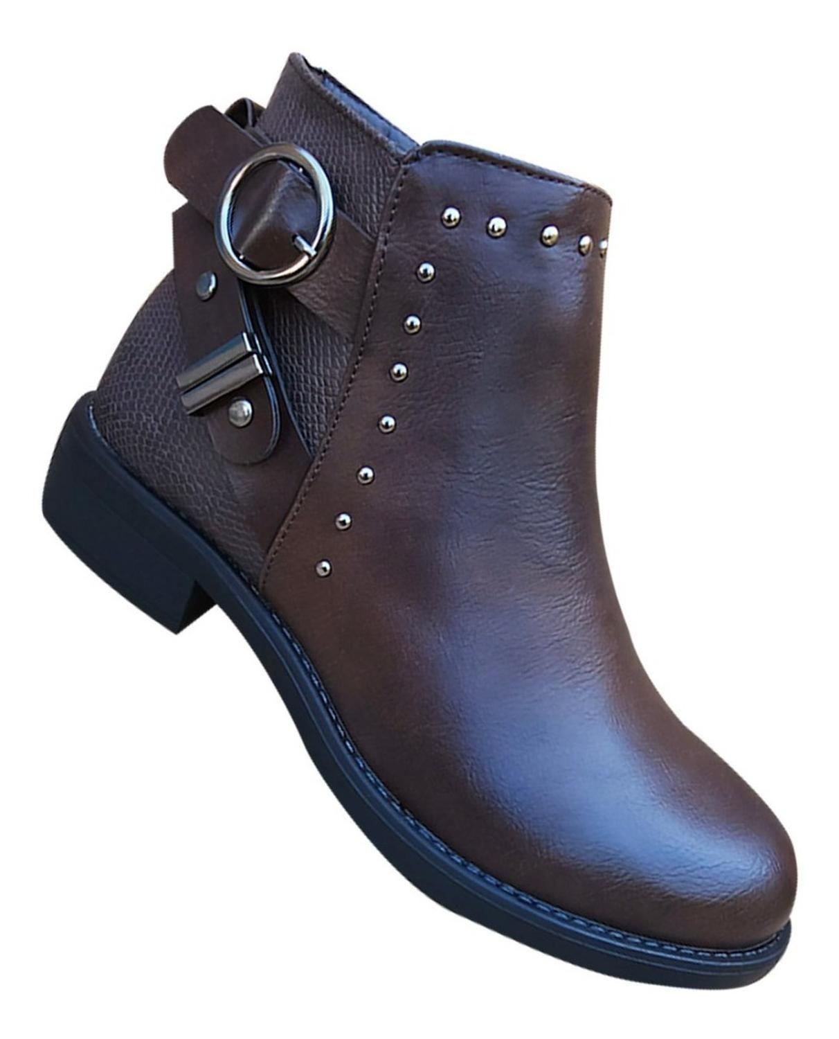 Botin De Mujer Cuero Pu Casual Otoño Invierno Marrón - 7143-0