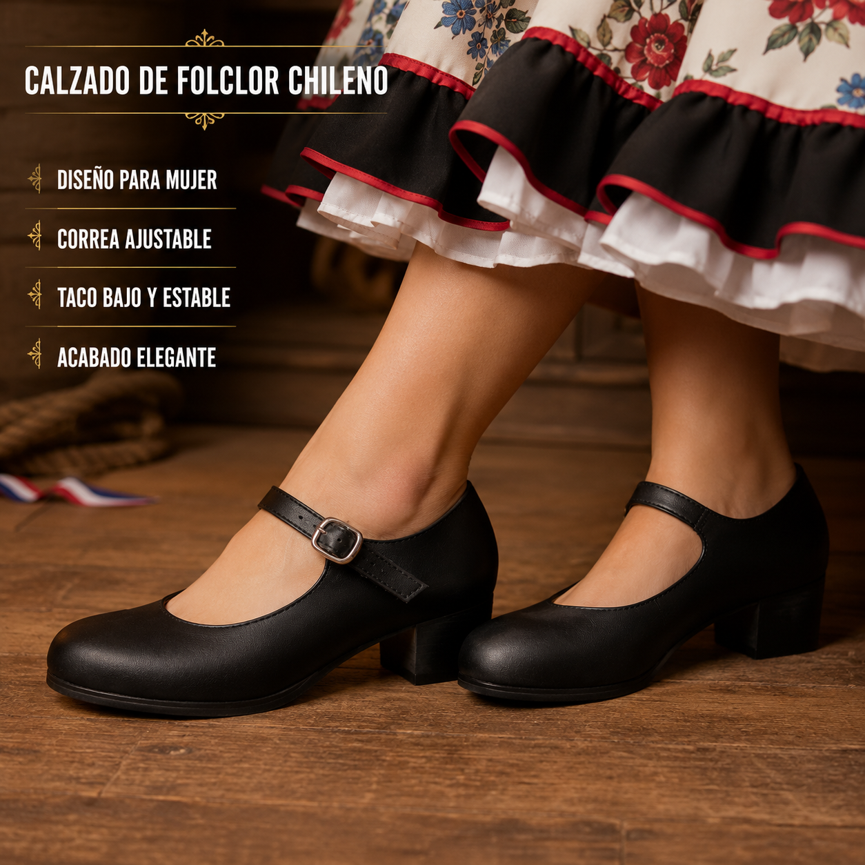 Zapato Tradicional de Cueca Mujer Taco Cuadrado Bajo 7292-7