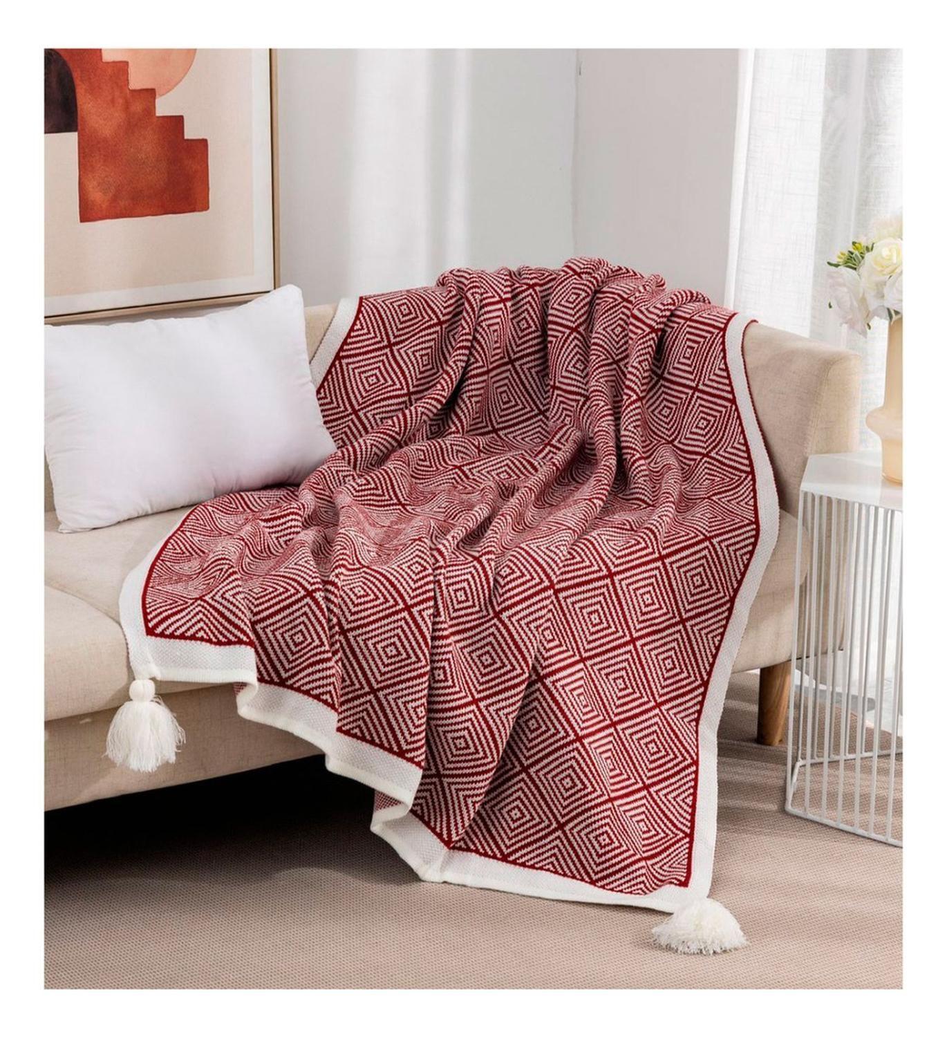 Manta De Lanilla Rombo Con Detalle Borla 130x150 Beige-0