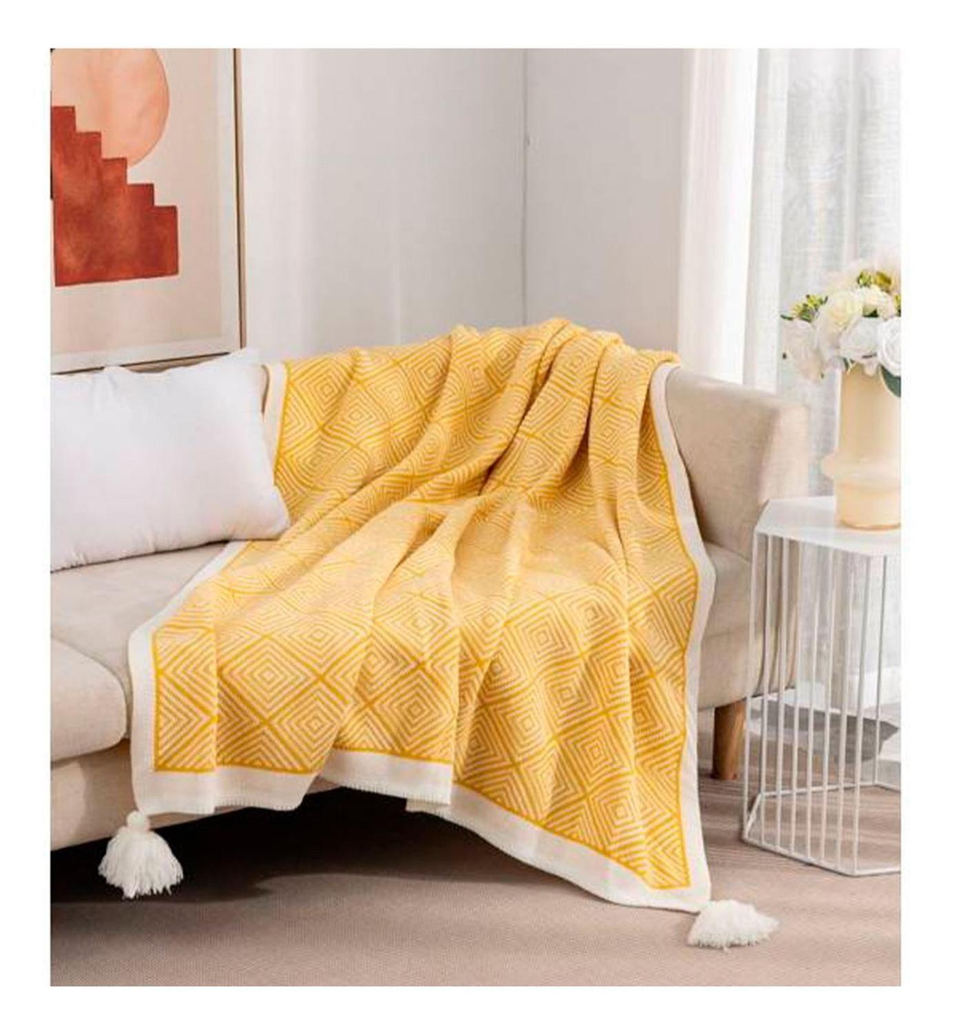 Manta De Lanilla Rombo Con Detalle Borla 130x150 Beige-0